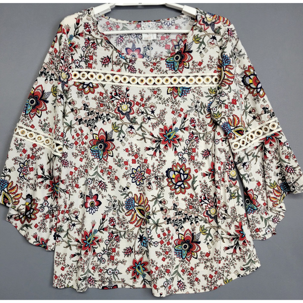 Naif‎ Blouse Womens Medium Multicolor Floral Bell Sleeve Eyelet Boho Top Shirt